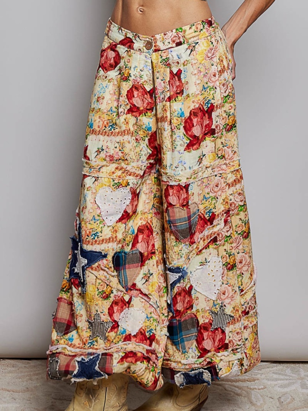 POL Heart Star Eyelet Floral Plaid Print Jogger Pants